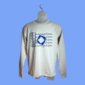 Champion Men’s Long Sleeve Lightweight T-Shirt Blue Logo, Light Gray Size Small